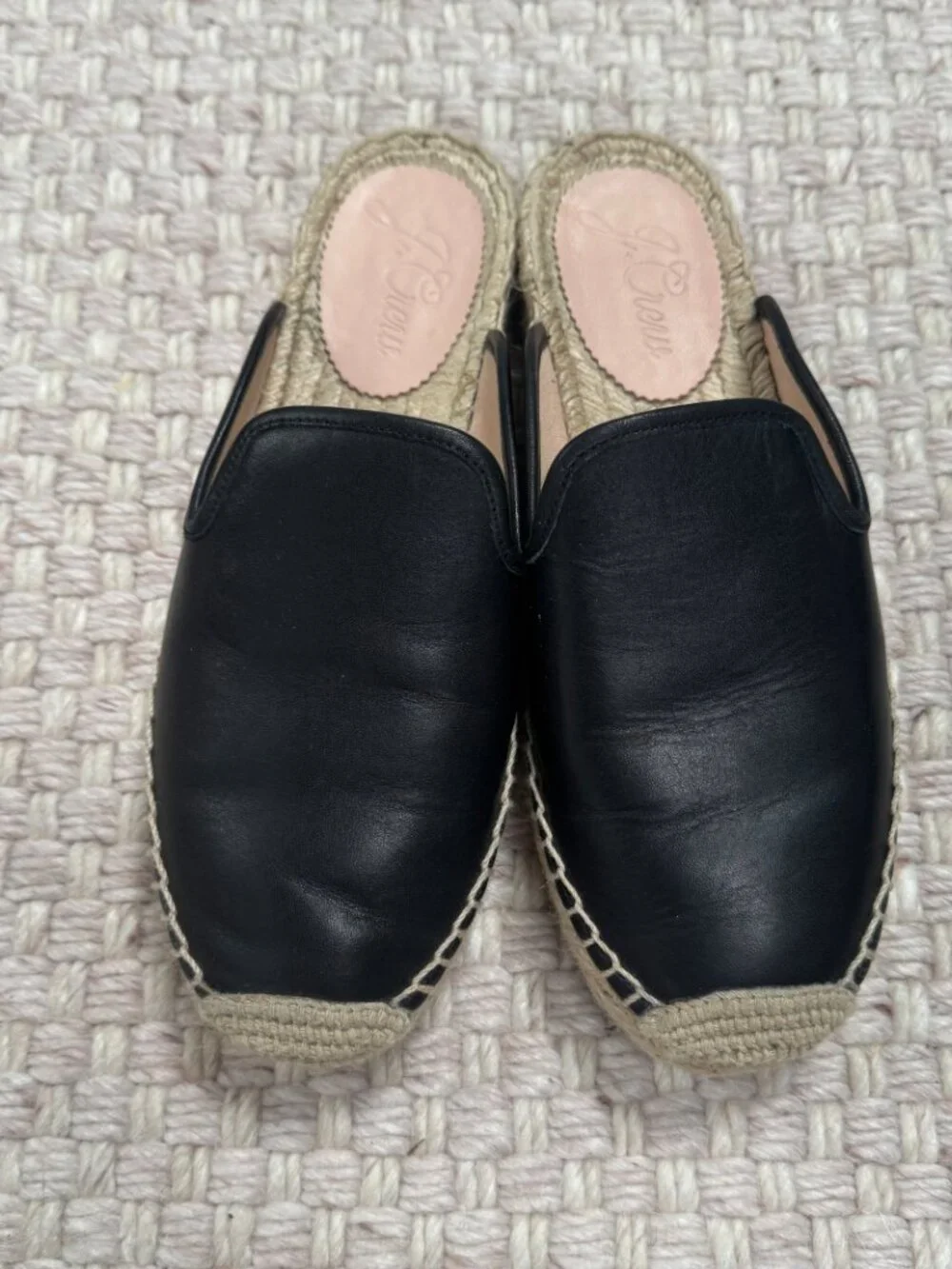 J. Crew Black Leather Slip On Espadrilles Flats Coastal Minimalist Size 7.5